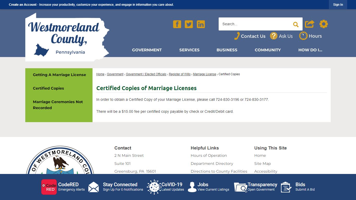 Certified Copies of Marriage Licenses | Westmoreland County, PA ...